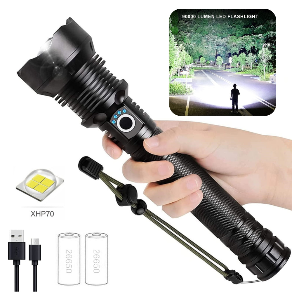 Rechargeable Flashlights, 90000 High Lumens Zoomable Handheld LED Flashlight, Waterproof XHP70 Flash Light with 2 Batteries for Emergency Hiking Camping