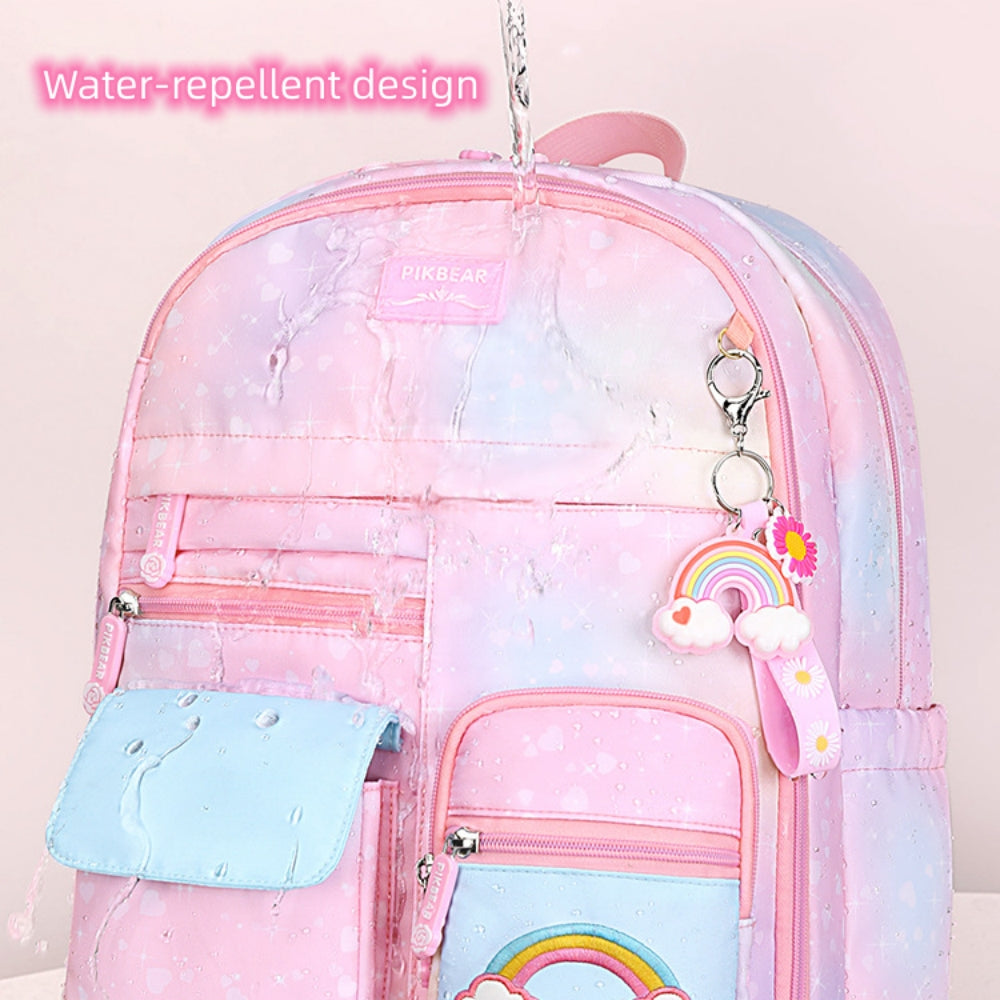 Girls Backpack, Large Capacity Lightweight Nylon School Backpack with Compartments, Cute Rainbow Refrigerator Design Elementary School Bag for Teen Girls, Pink