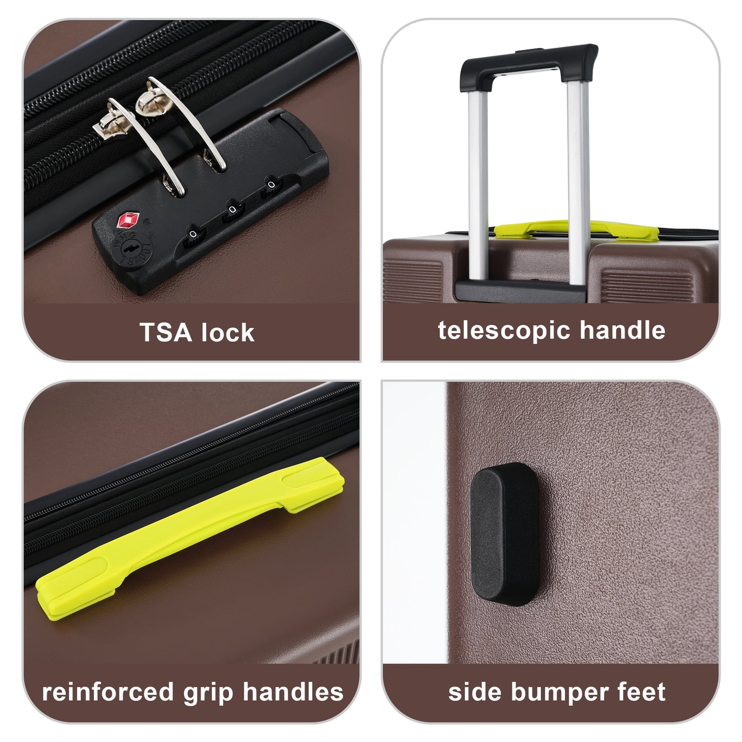 3 Piece Hardside Luggage Set with Spinner, TSA Lock , 20" 24' 28" ,Brown Contrast Color
