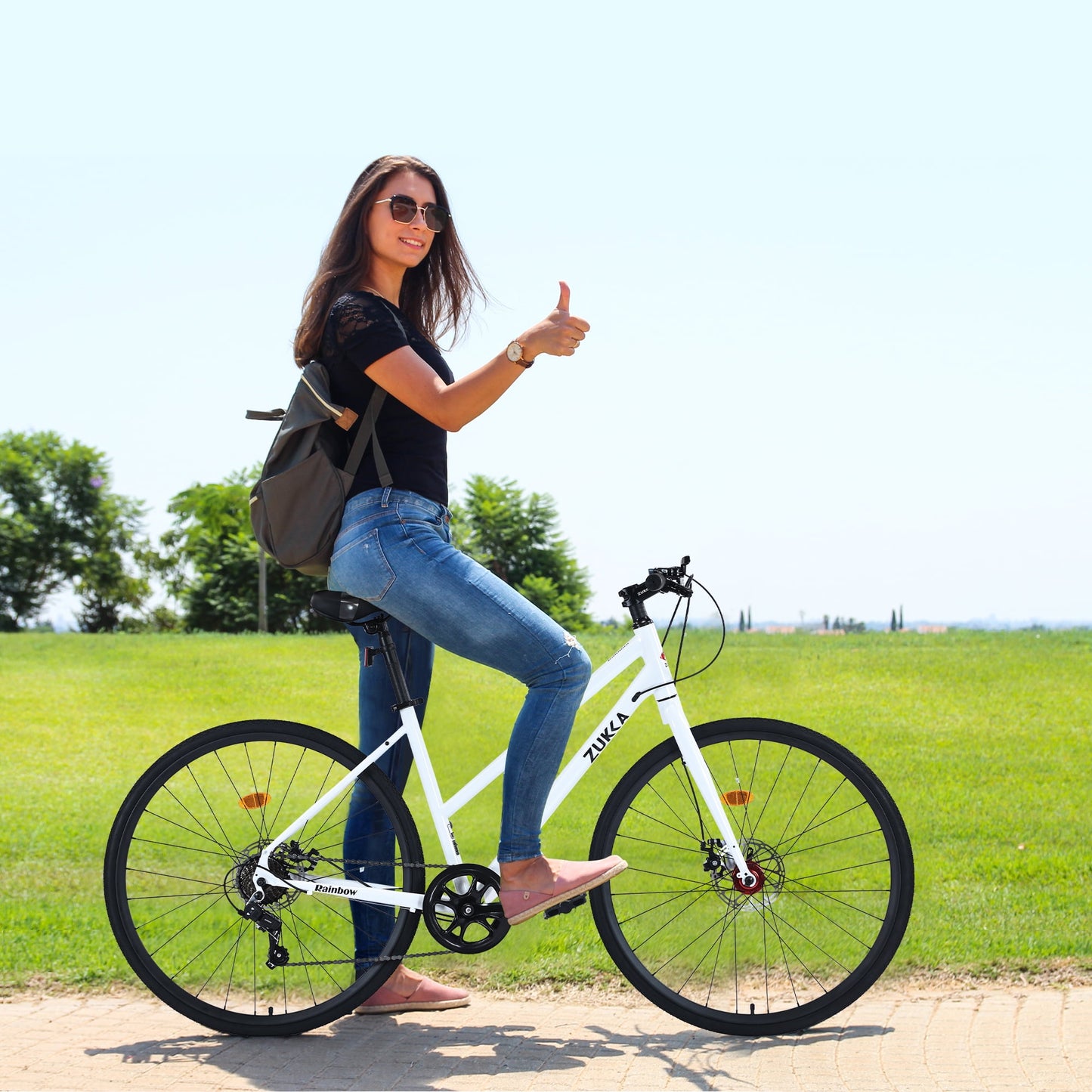 700C Hybrid Bikes 7 Speeds Steel Frame Road Bike Adult City Bicycle with Dual Disc Brakes for Men Women, Light Blue