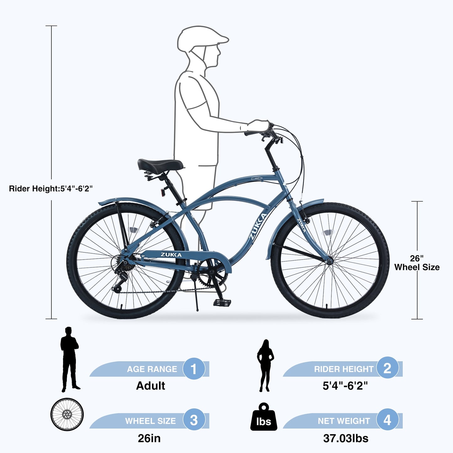 26" Women's Beach Cruiser Bike Steel Frame Bicycle, Shimano 7-Speed Urban Lady Comfort Bike, Blue