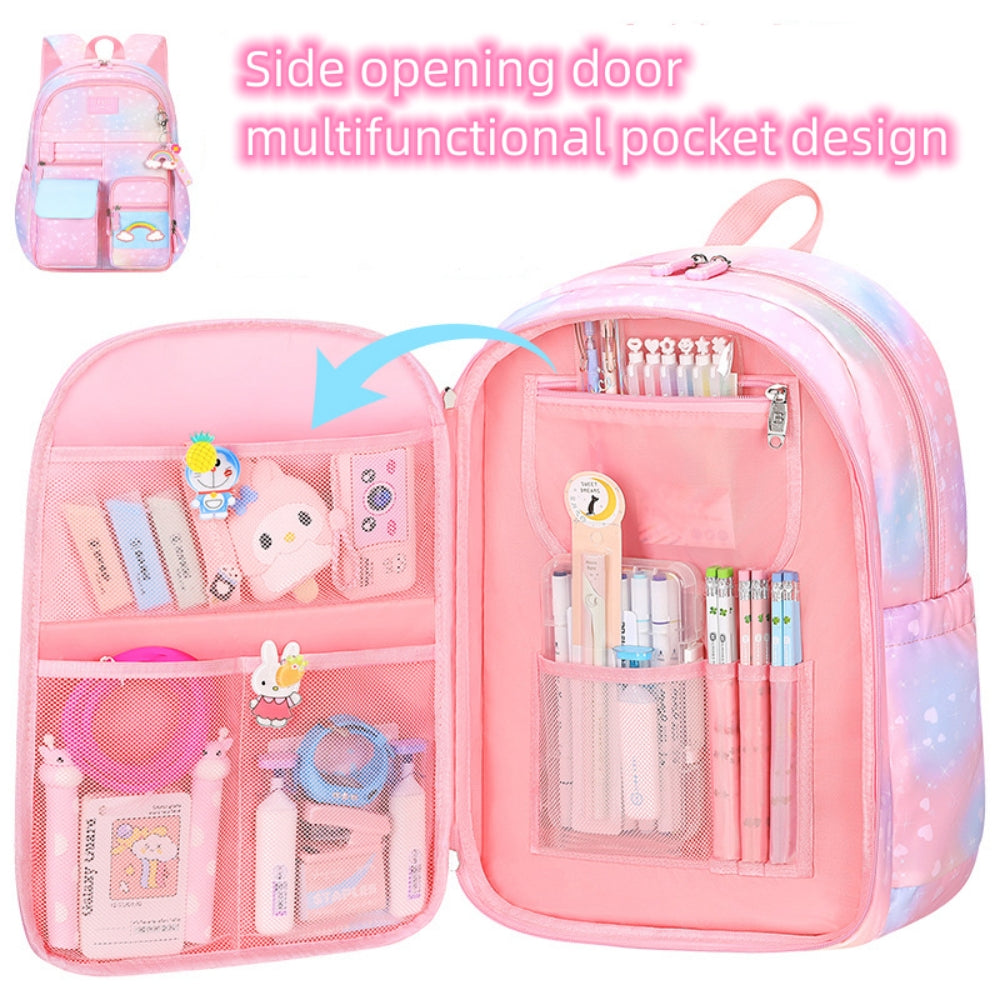 Girls Backpack, Large Capacity Lightweight Nylon School Backpack with Compartments, Cute Rainbow Refrigerator Design Elementary School Bag for Teen Girls, Pink