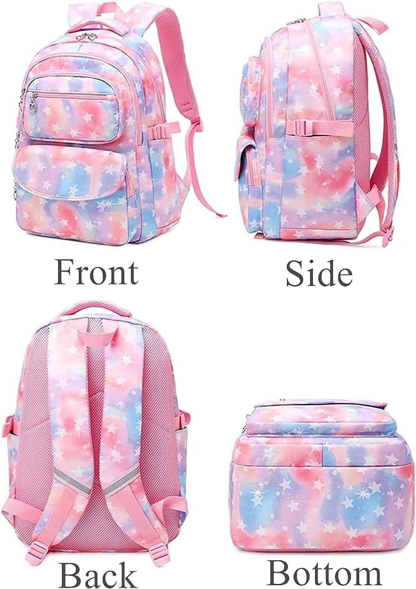 Girls Backpack with Lunch Bag and Pencil Case, Star Printed Kids School Backpack Set, Lightweight School Bag Children Bookbag for Elementary Middle Students, Pink