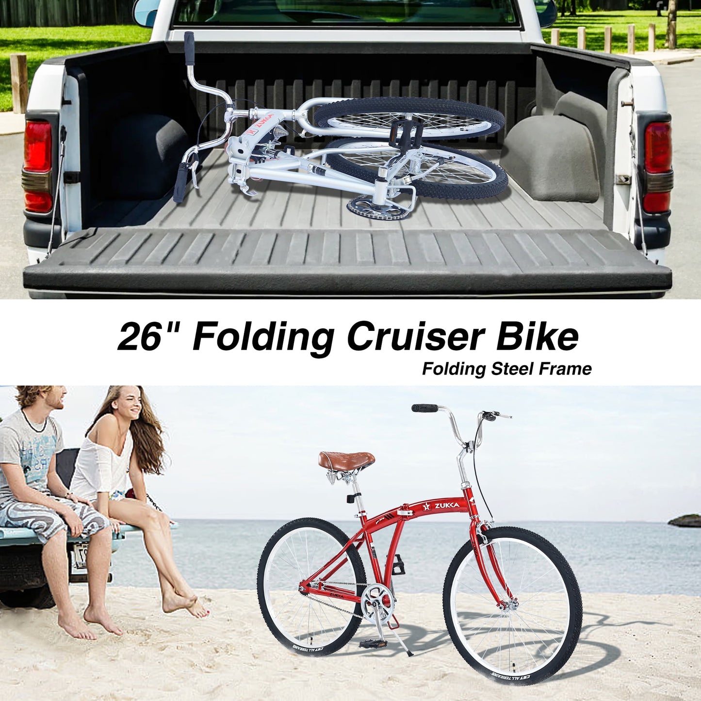26" Folding City Bike, Single Speed Beach Cruiser Bike for Men Women Adults, Red