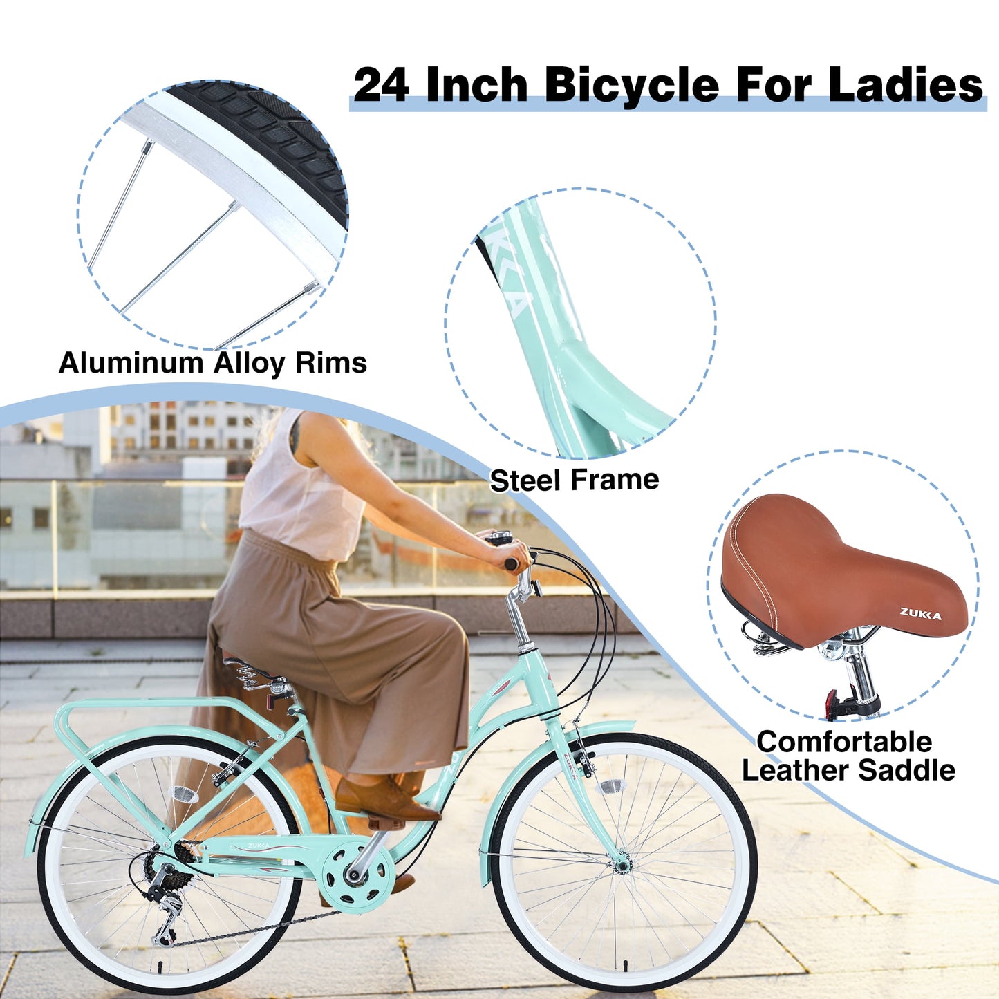Women's Bike 24 Inch Adult Cruiser Bicycle Shimano 7 Speeds Steel Frame City Commuter Bike for Ladies, Blue Green