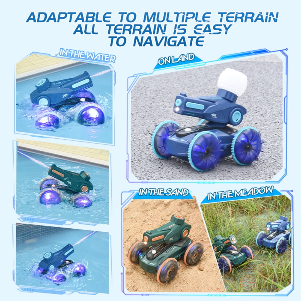 Amphibious Remote Control Car Gesture RC Car Toys for Kids, 4WD RC Stunt Car with Lights, Water Shooting RC Tank for Boys Girls, Blue