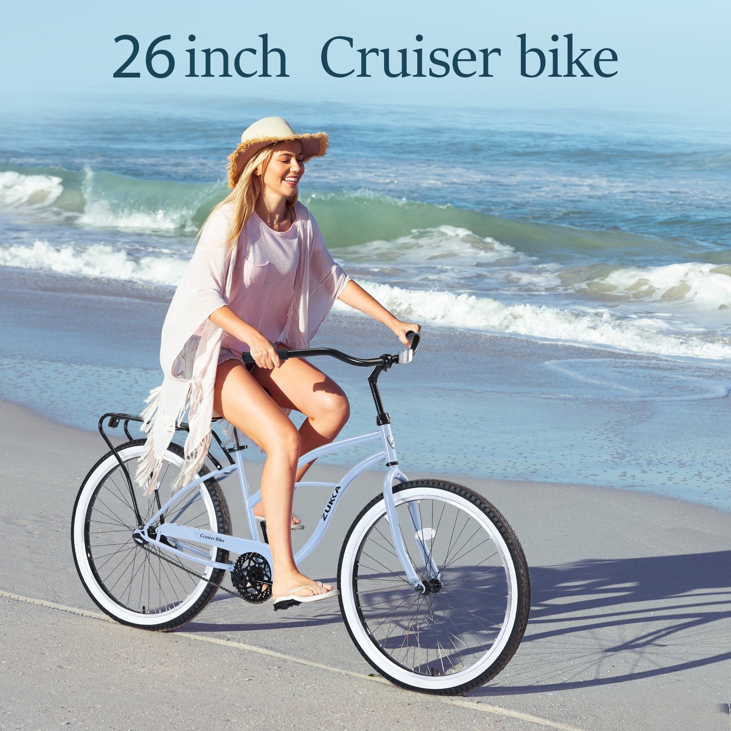 26" Cruiser Bike Single Speed Steel Frame Adults' Bicycles, Women's Beach Cruiser Bike with Rear Coaster Brakes, Blue