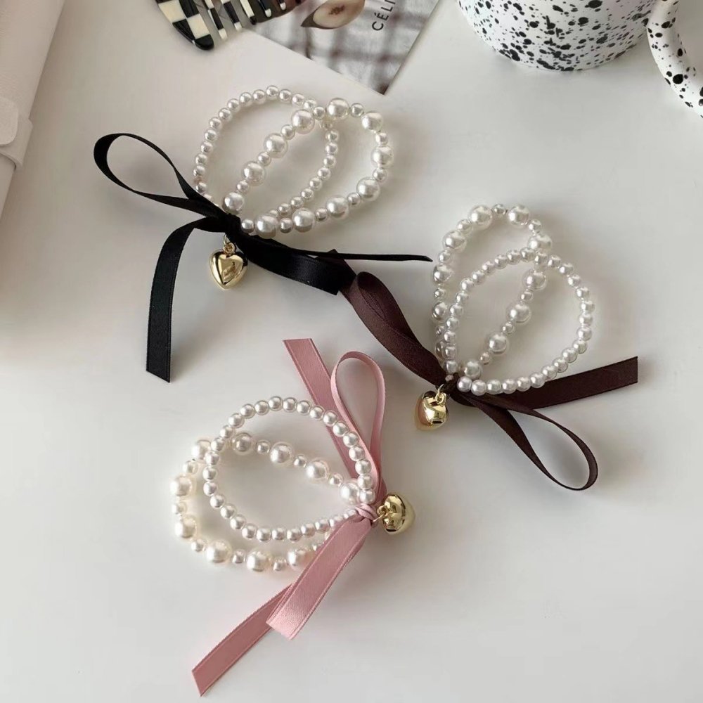 3Pcs Bow Faux Pearl Hair Ties, Elastic Hair Scrunchies Ponytail Holder Hair Ropes Accessories for Women and Girls