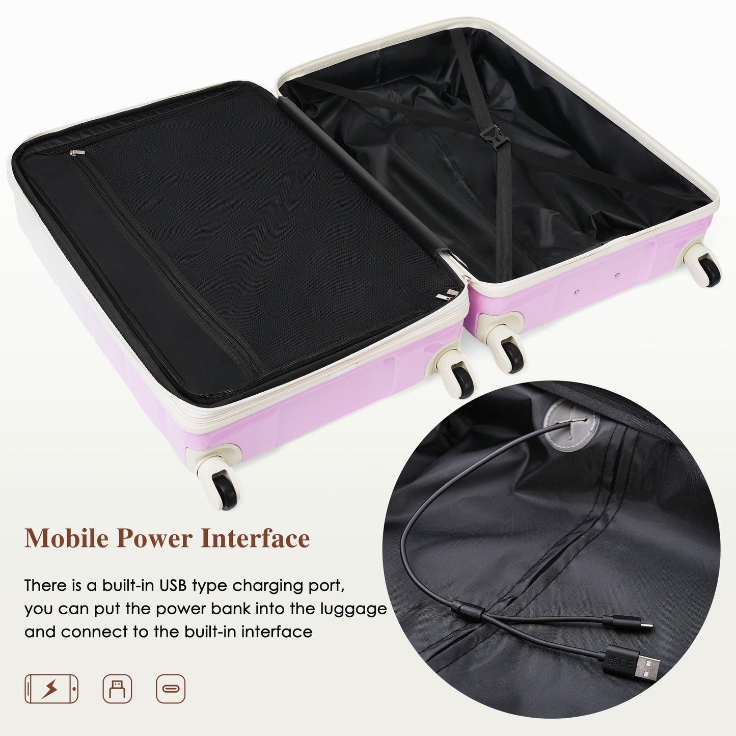 Luggage Sets 20" Carry-on Luggage with USB Port and Cup Holder, 24" and 28" Expandable Hardshell Luggage Sets with Spinner Wheels TSA Lock, Purple