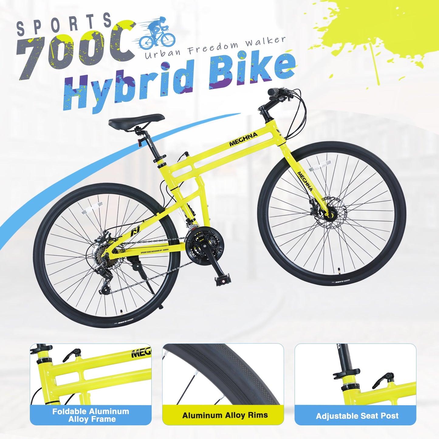 Folding Hybrid Bike 21 Speed 700C Road Bike Aluminium Alloy City Bicycle for Men Women, Yellow