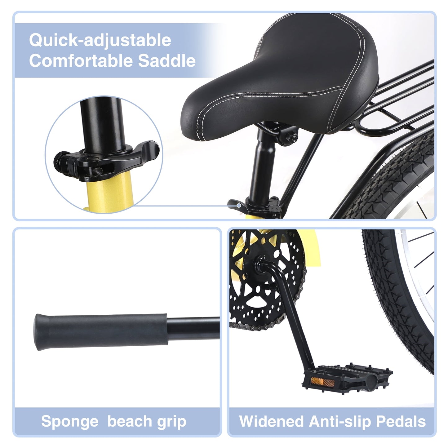 26" Cruiser Bike Single Speed Steel Frame Adults' Bicycles, Men's Beach Cruiser Bike with Rear Coaster Brakes, Black