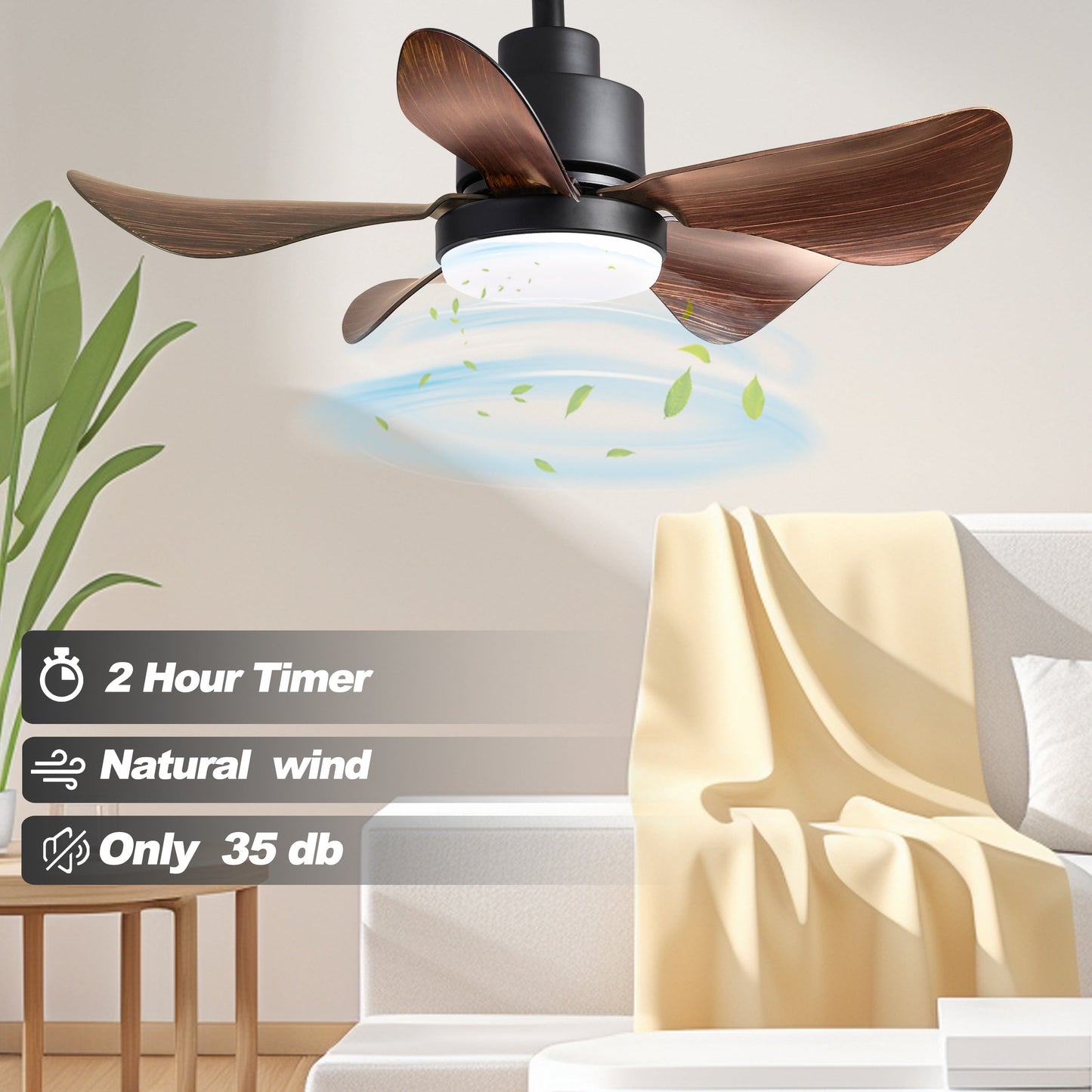 28" Ceiling Fan with Lights App Remote Control, Flush Mount Ceiling Fan with 5 Reversible Blades for Bedroom Kitchen, Brown