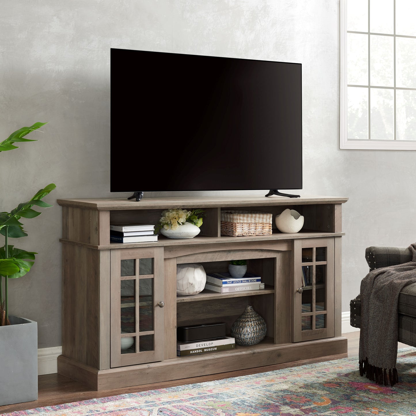 Farmhouse Sliding Barn Door TV Stand, Modern TV Cabinet with Storage Shelf for TV Up to 65", Gray Wash