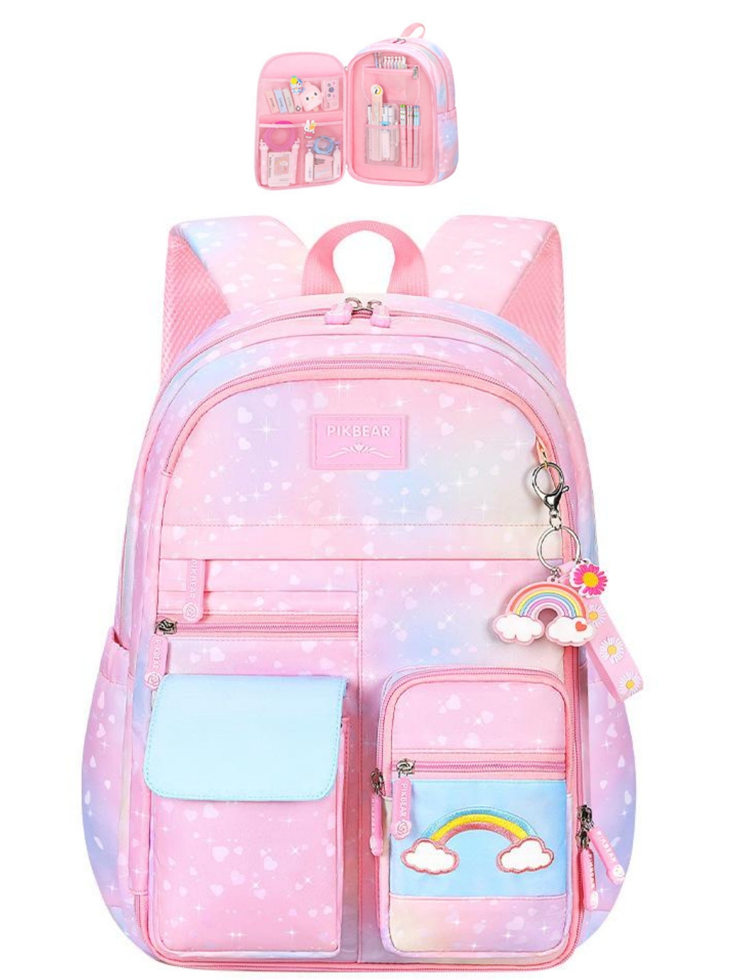 Girls Backpack, Large Capacity Lightweight Nylon School Backpack with Compartments, Cute Rainbow Refrigerator Design Elementary School Bag for Teen Girls, Pink