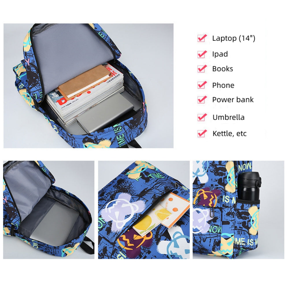Kids Backpack Set, Graffiti-printed School Bag for Teens Boys and Girls, Elementary Middle School Bookbag Set with Crossbody Bag and Pencil Case, Blue
