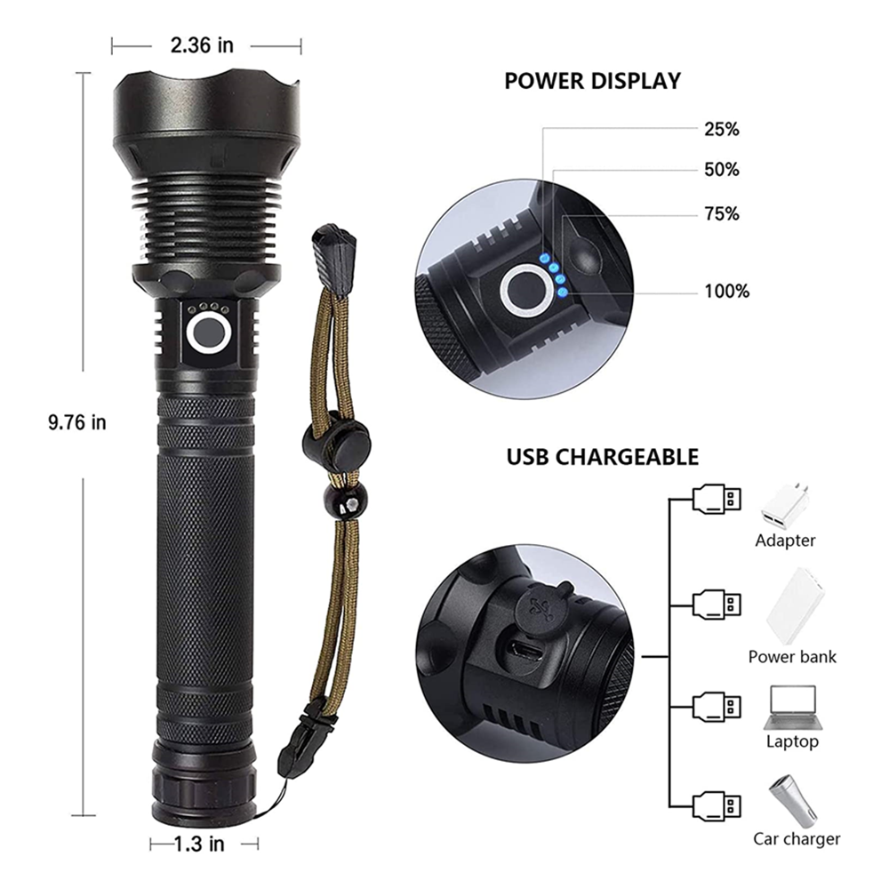 Rechargeable Flashlights, 90000 High Lumens Zoomable Handheld LED Flashlight, Waterproof XHP70 Flash Light with 2 Batteries for Emergency Hiking Camping