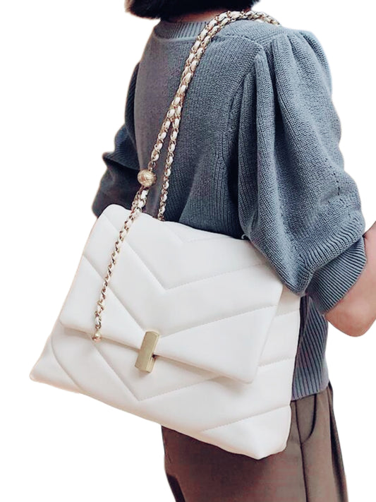 Shoulder Bag for Women, Retro Fashion PU Leather Lightweight Adjustable Chain Strap Crossbody Bags Large Capacity Underarm Bag Handbags, white