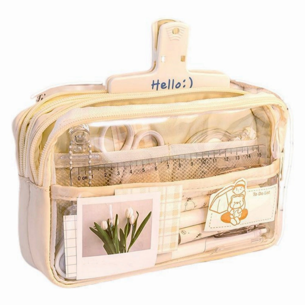 Cute Clear Transparent Pencil Case Large Capacity Stationery Pouch Bag for Office School Adults Students Teens Girls - Beige