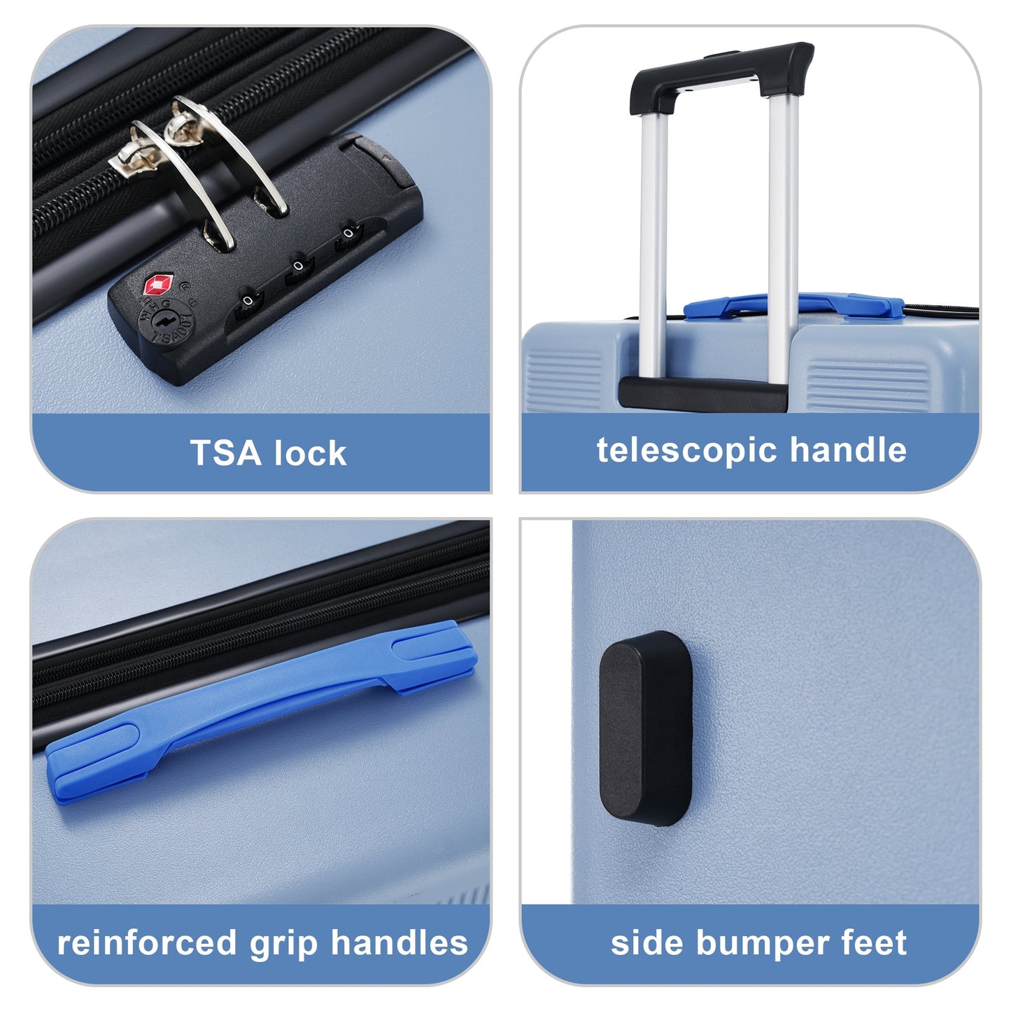 3 Piece Hardside Luggage Set with Spinner, TSA Lock , 20" 24' 28" ,Blue-gray Contrast Color