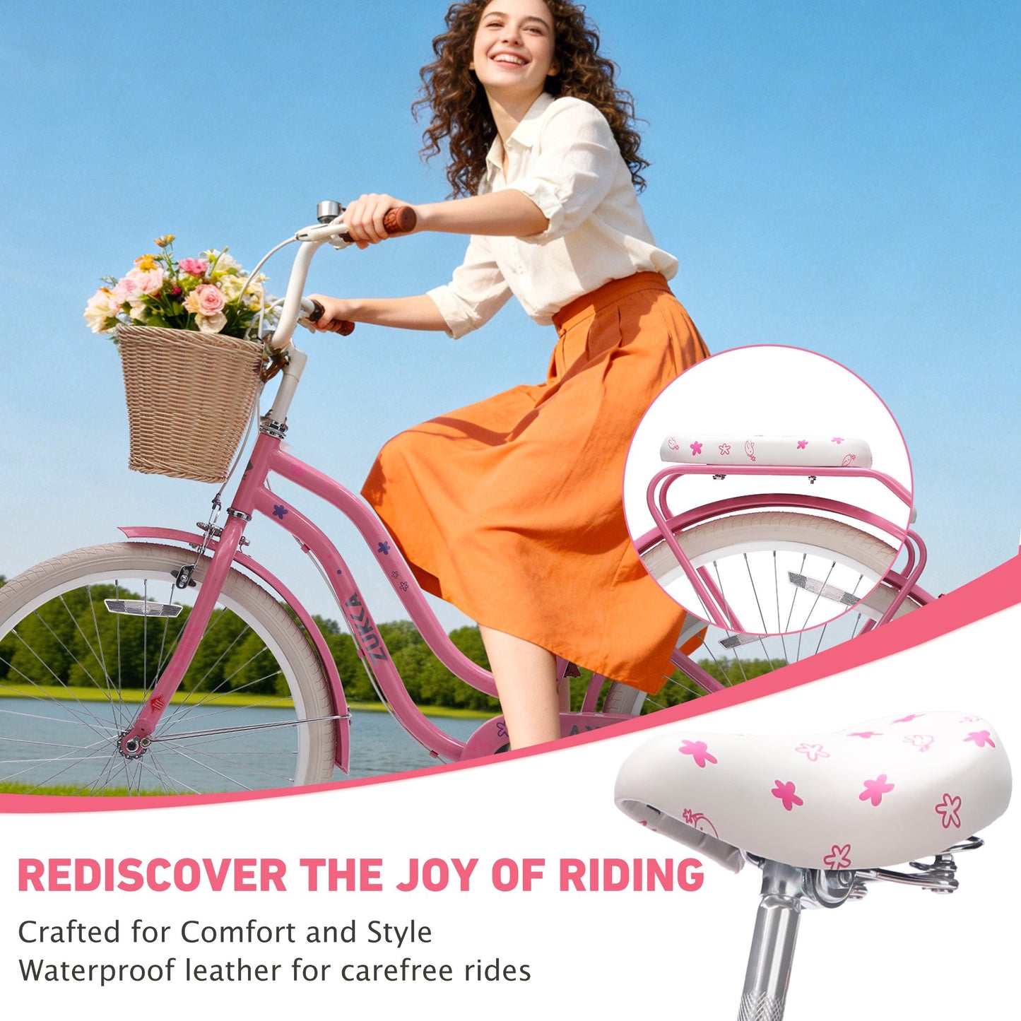 Tyethy Women Bike 24" Single Speed City Comfort Bicycle with Basket for 14+ , Pink