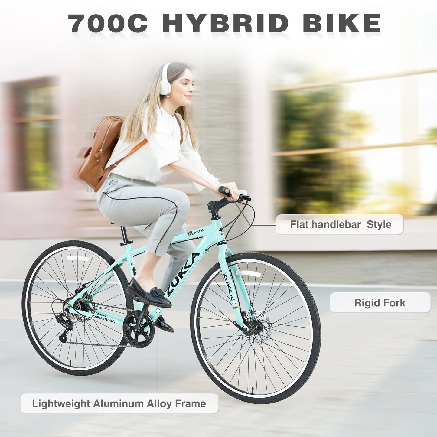 Adults Hybrid Bike 700C 7 Speeds Road Bike Aluminum Frame City Bicycle for Men Women, Light Green