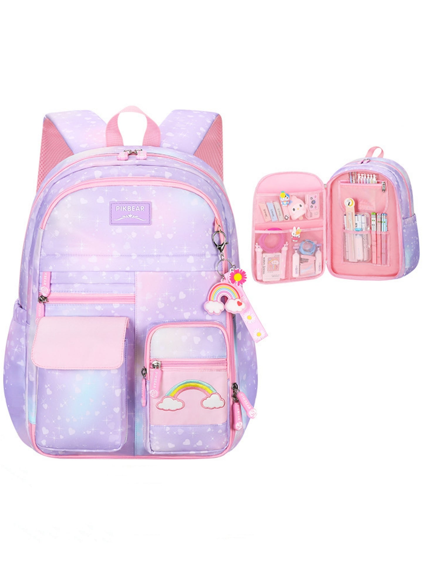 Girls Backpack, Large Capacity Lightweight Nylon School Backpack with Compartments, Cute Rainbow Refrigerator Design Elementary School Bag for Teen Girls, Pink