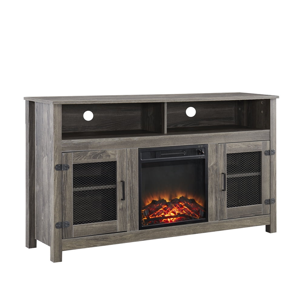 Fireplace TV Stand for TVs up to 65", Modern Farmhouse Entertainment Center with Electric Fireplace Inserts Storage Cabinet and Adjustable Shelves for Living Room, Gray