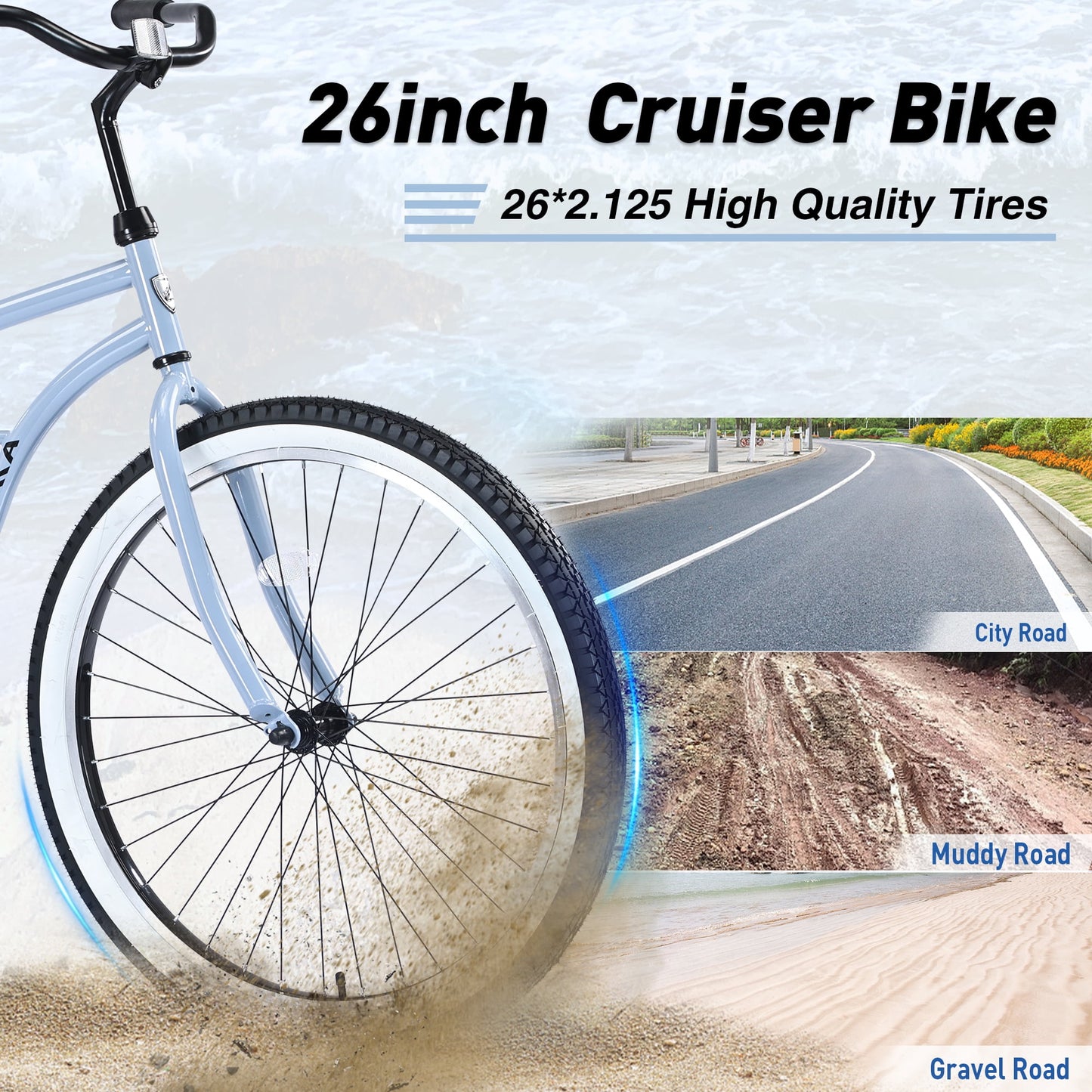26" Cruiser Bike Single Speed Steel Frame Adults' Bicycles, Women's Beach Cruiser Bike with Rear Coaster Brakes, Blue