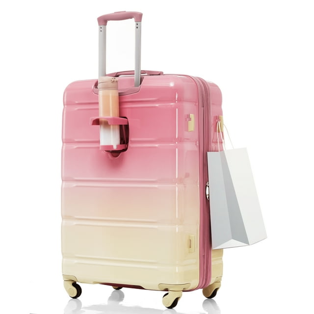New Luggage Set with Cup Holder and USB Port, 3 Piece Set Hardshell Expandable Luggage Suitcase Sets with TAS Lock Spinner Wheels, Gradient Pink