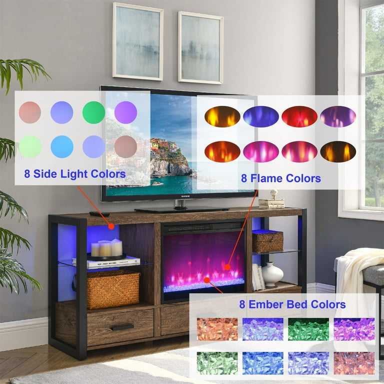 Fireplace TV Stand, 60" Entertainment Center with 23" Electric Fireplace, Farmhouse TV Stand Industrial Media Console with Sync Colorful LED Lights, Wood Brown