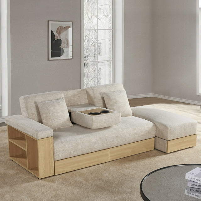 Convertible Sofa Bed, Multi-functional PU Leather Couch with 2 Pull-out Storage Drawers and Box, Small Space Sofa for Living Room, Beige