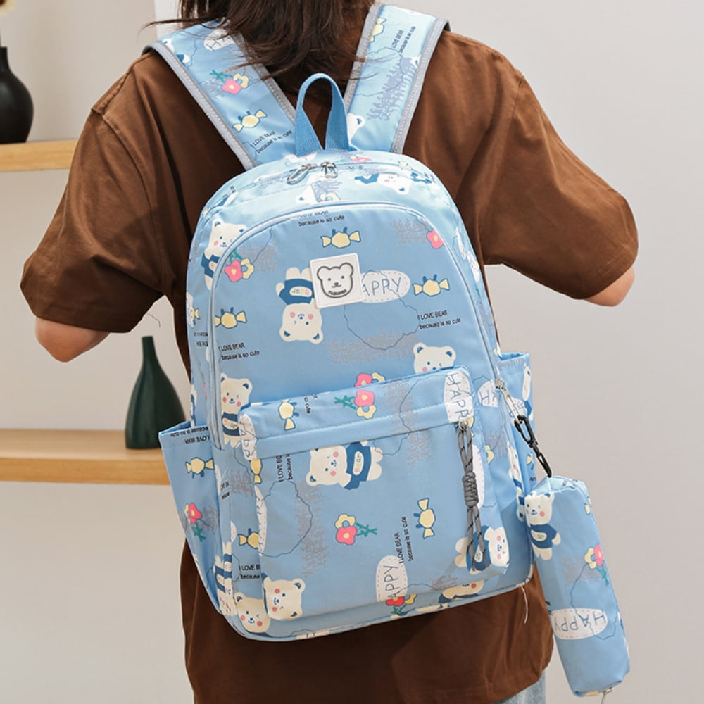 Kids School Backpack Cartoon Printed School Bag with Pencil Case for Girls, 17" Laptop Backpack Bookbags Travel Daypack for Students, Blue