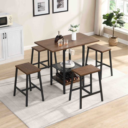 5 Piece Bar Table and Chairs Set with Storage Shelves, Counter Height Dining Table Set with 4 Stools for Kitchen Breakfast, Living Room, Rustic Brown