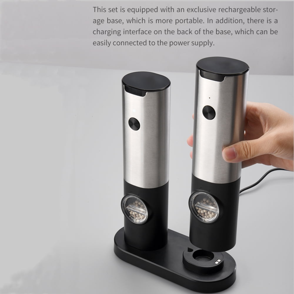 Electric Salt and Pepper Grinder Set with Charging Base, USB rechargeable 2 Pack Adjustable Coarseness Automatic Electronic Spice Mill Shakers with LED Light