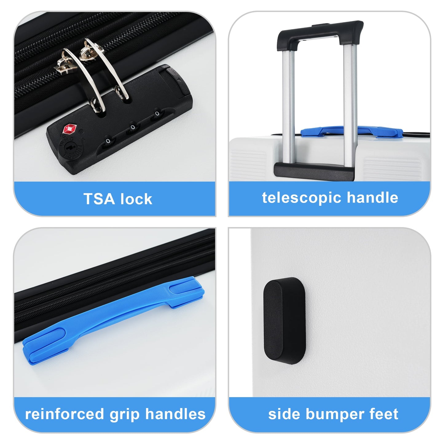 3 Piece Hardside Luggage Set with Spinner, TSA Lock , 20" 24' 28" ,White+Blue Contrast Color