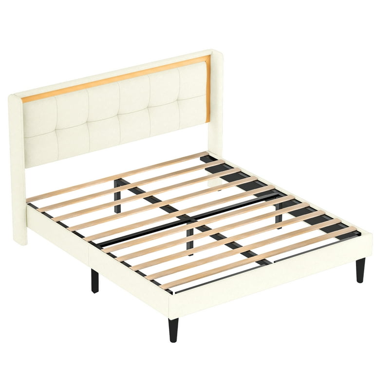 Queen Size Bed Frame Upholstered Platform Bed Frame with Headboard and Strong Wooden Slats, Easy Assembly, No Box Spring Needed, Beige