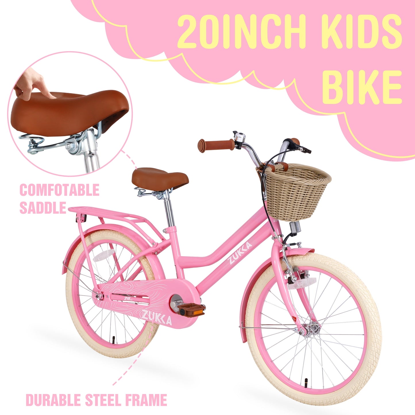 Baprem Girls Bike 20 Inch Kids Bicycle with Basket and Backseat for 7-10 Years Old, Single Speed, Pink