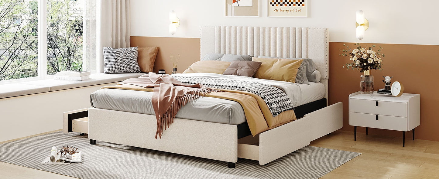 Queen Size Bed Frame, Upholstered Platform Bed with Classic Headboard and 4 Drawers, Wooden Slats Support, No Box Spring Needed, Beige