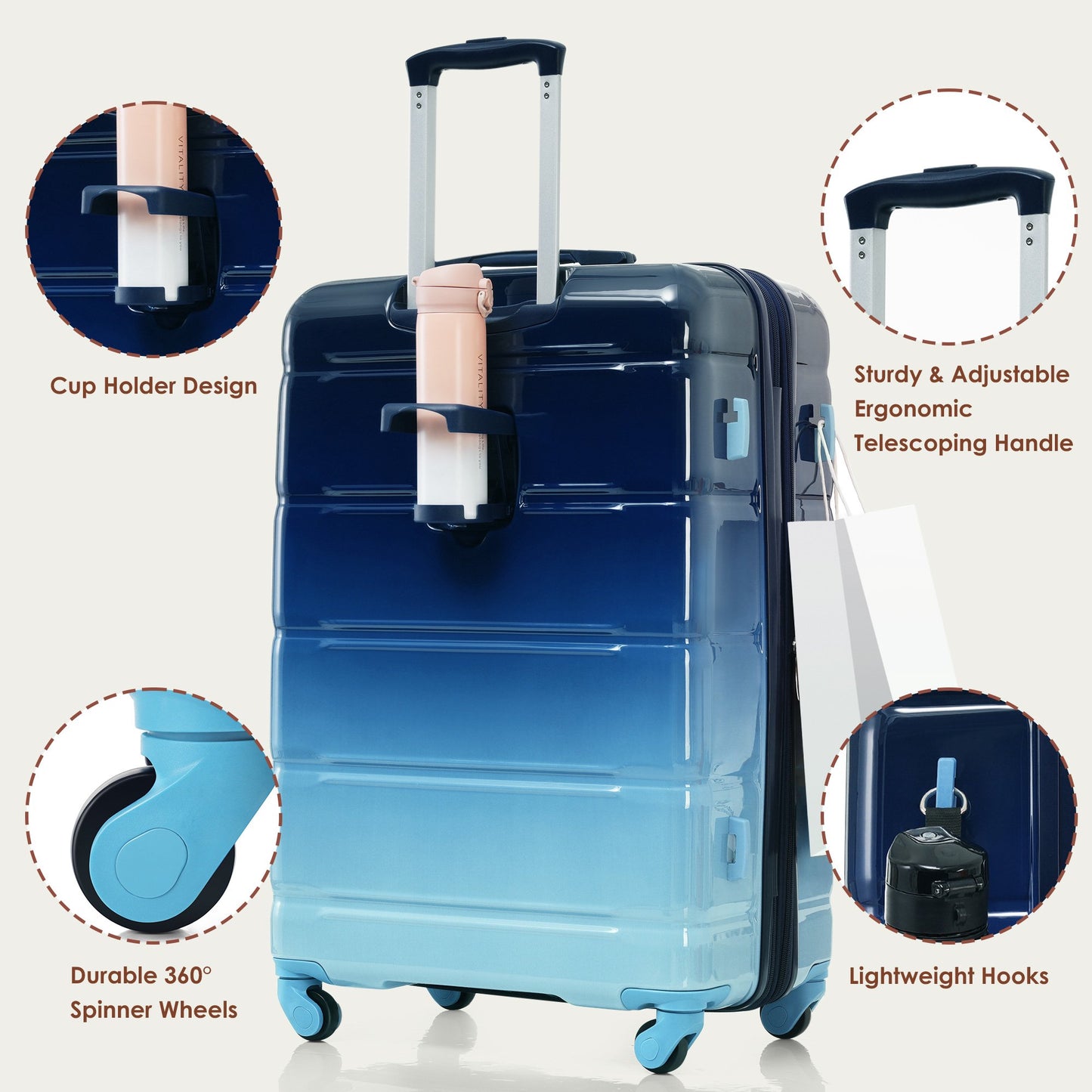 Luggage Sets 4 Piece Hardside Luggage Suitcase Sets with Travel Bag Expandable Luggage with USB Port Cup Holder TSA Lock Spinner Wheels, Blue