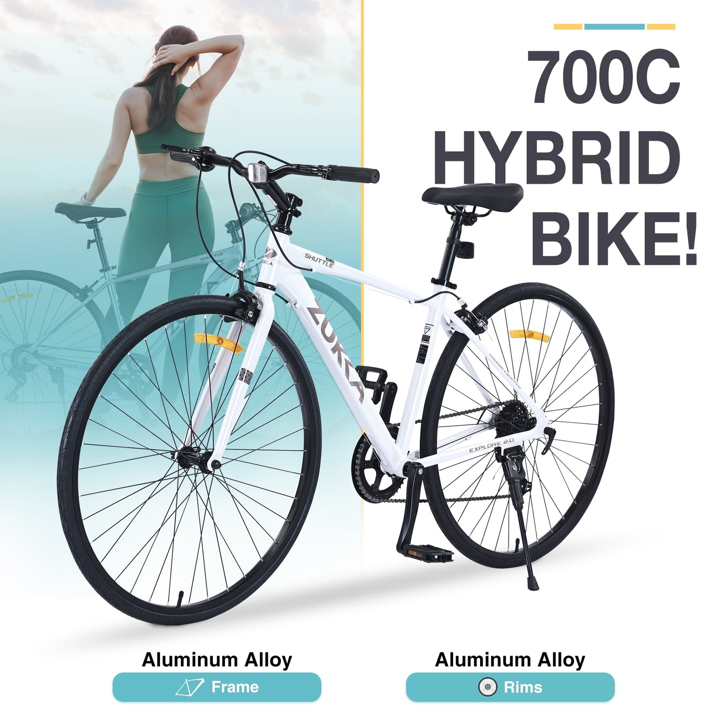 700C Hybrid Road Bike Shimano 7-Speed Adult Bike Lightweight 28" Aluminum Frame City Bicycle for Men Women, White