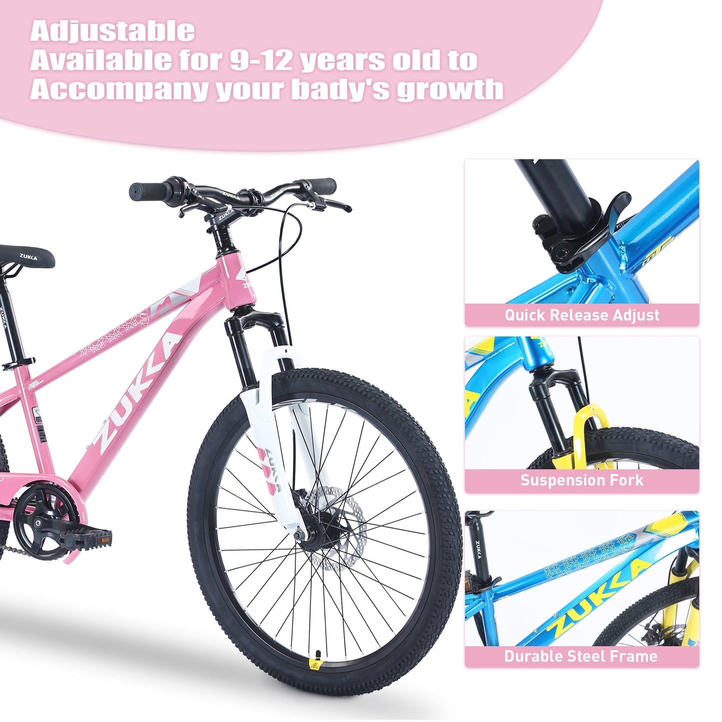 Kids Bike 24" Kids Mountain Bikes for Girls, Steel Frame Single Speed Children Youth Bicycle for 9-12 Years, Pink