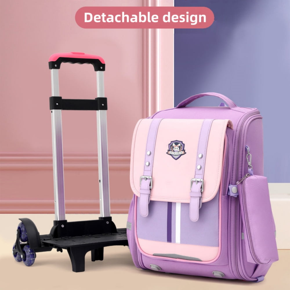 Baprem Girls Rolling Backpacks for School Elementary, Cute Trolley School Bag Bookbag Kids Backpack for Girls with 6 Wheels, Purple