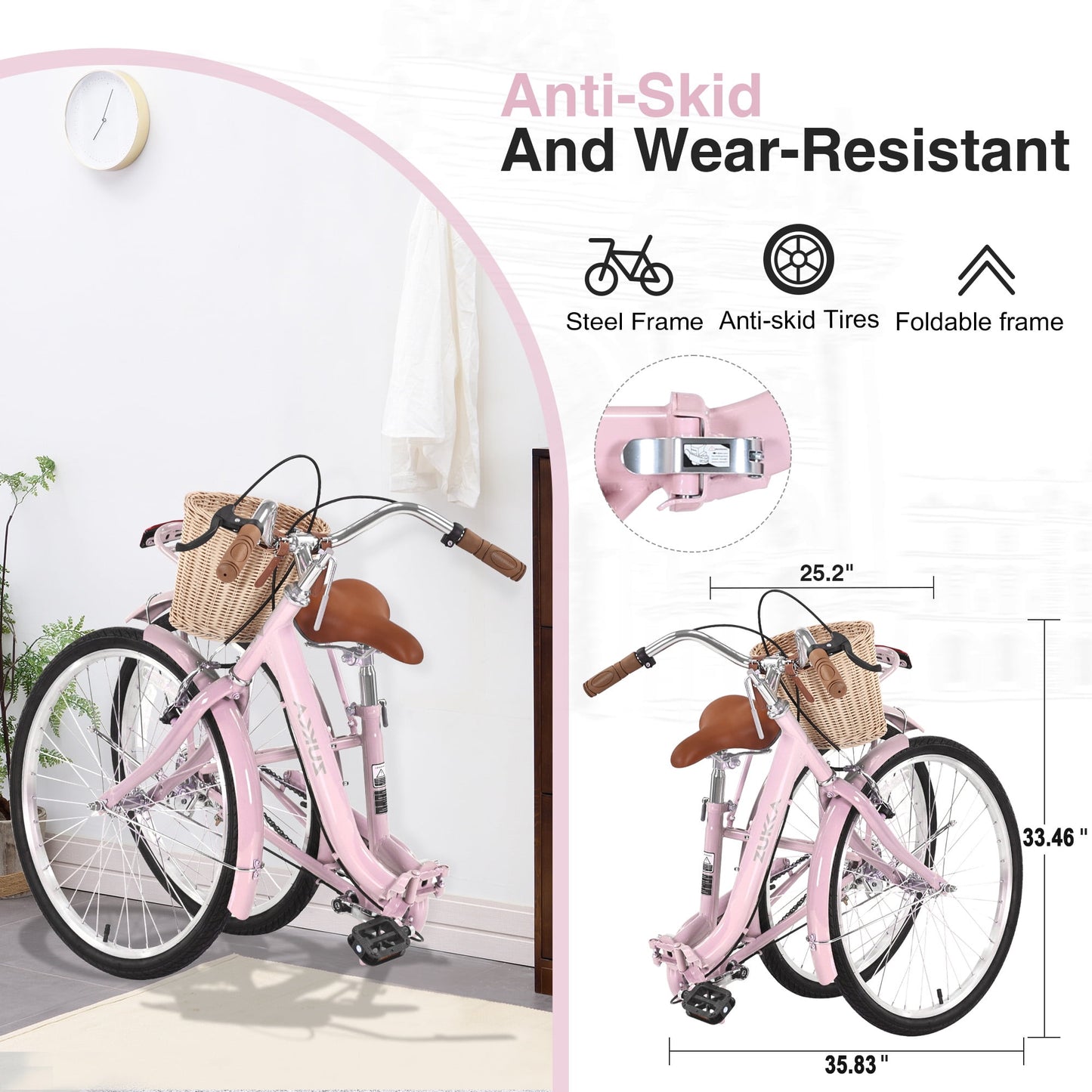 Tyethy Beach Cruiser Bike 22" Commuter Bicycle for Adults Womens, 7-Speed Steel Frame Comfortable City Bikes with Rear Rack and Basket, Pink