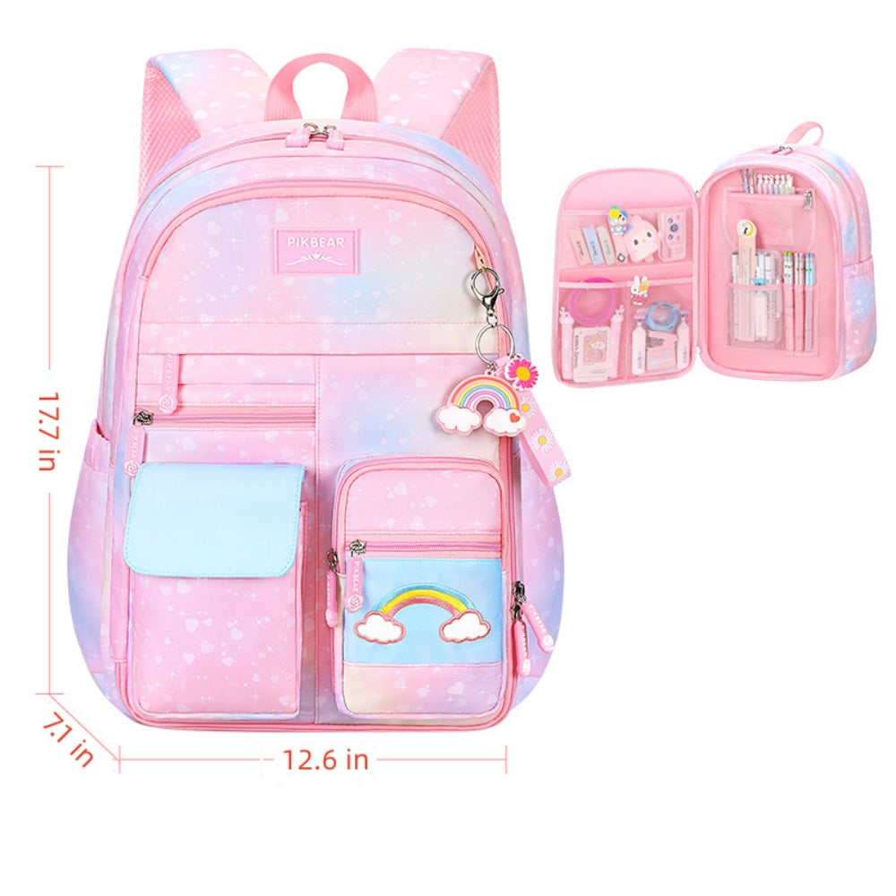 Girls Backpack, Large Capacity Lightweight Nylon School Backpack with Compartments, Cute Rainbow Refrigerator Design Elementary School Bag for Teen Girls, Pink