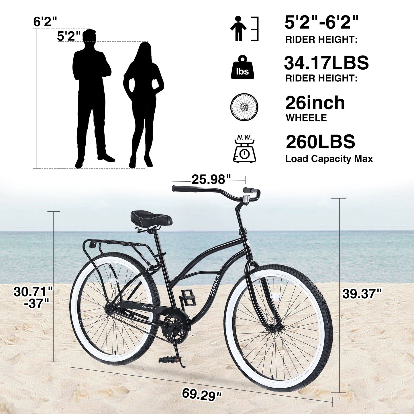 26" Cruiser Bike Single Speed Steel Frame Adults' Bicycles, Men's Beach Cruiser Bike with Rear Coaster Brakes, Black