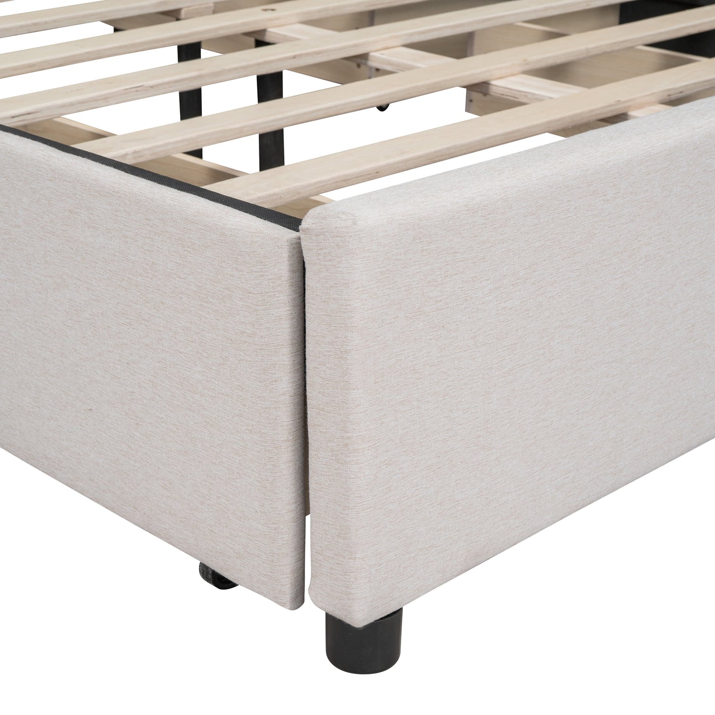 Queen Size Bed Frame, Upholstered Platform Bed with Classic Headboard and 4 Drawers, Wooden Slats Support, No Box Spring Needed, Beige
