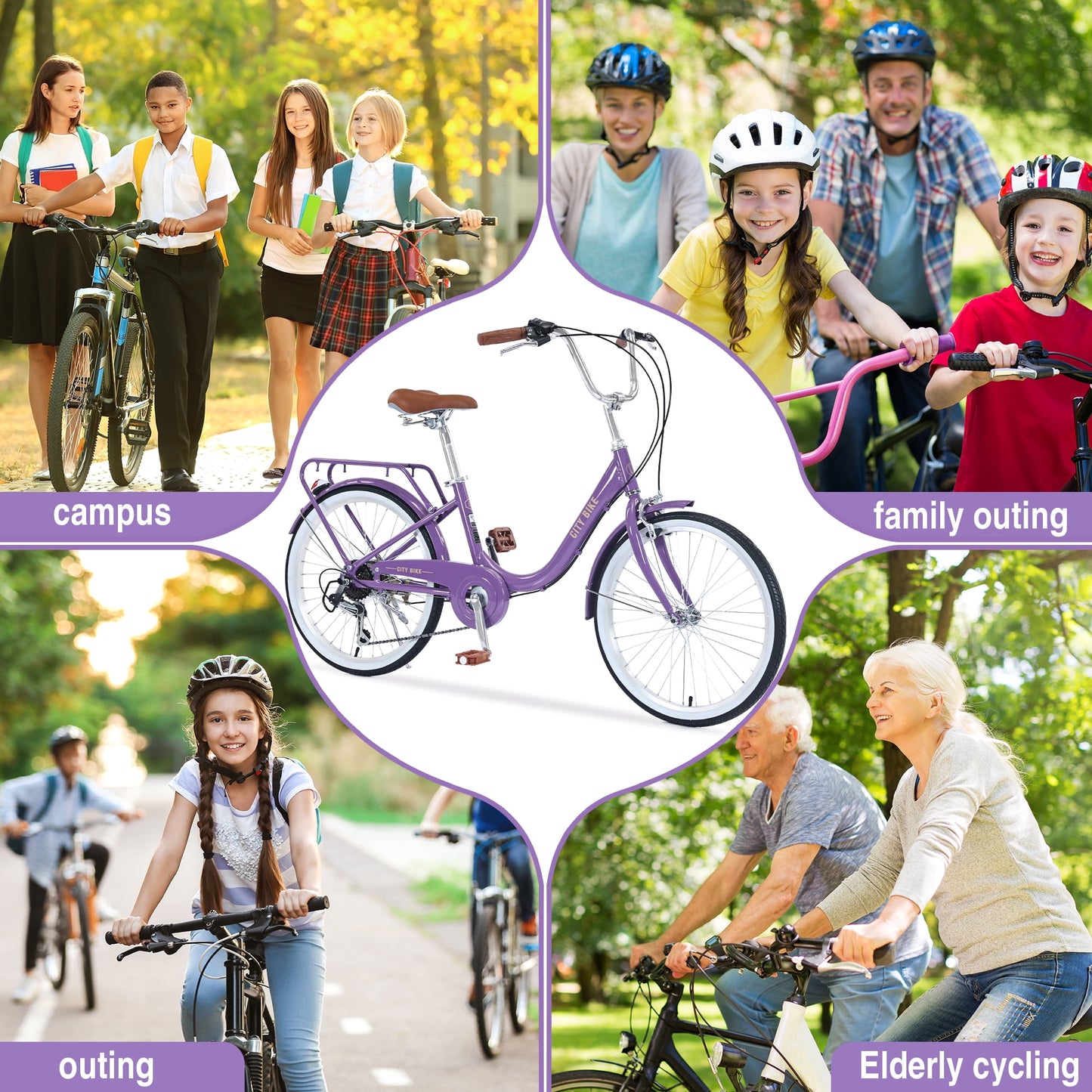 22" Girls Bike 7 Speed Aluminium Alloy Frame Kids Bicycle Cruiser Bike for Girls Women Ages 8+, Purple