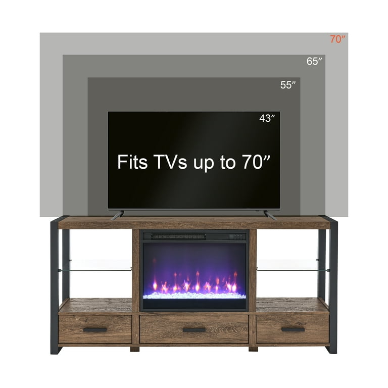 Fireplace TV Stand, 60" Entertainment Center with 23" Electric Fireplace, Farmhouse TV Stand Industrial Media Console with Sync Colorful LED Lights, Wood Brown
