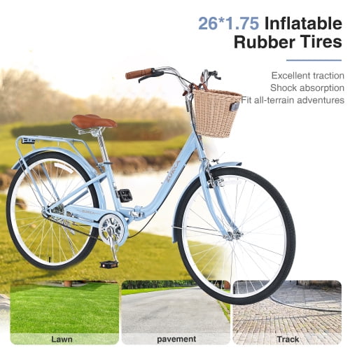 Tyethy Beach Cruiser Bike 26" Commuter Bicycle for Adults Womens, 7-Speed Steel Frame Comfortable City Bikes with Rear Rack and Basket, Multi-colors