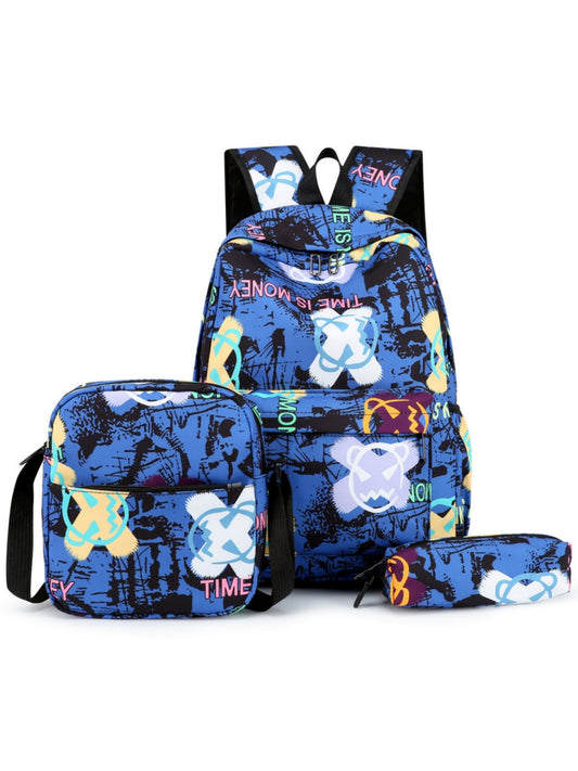 Kids Backpack Set, Graffiti-printed School Bag for Teens Boys and Girls, Elementary Middle School Bookbag Set with Crossbody Bag and Pencil Case, Blue